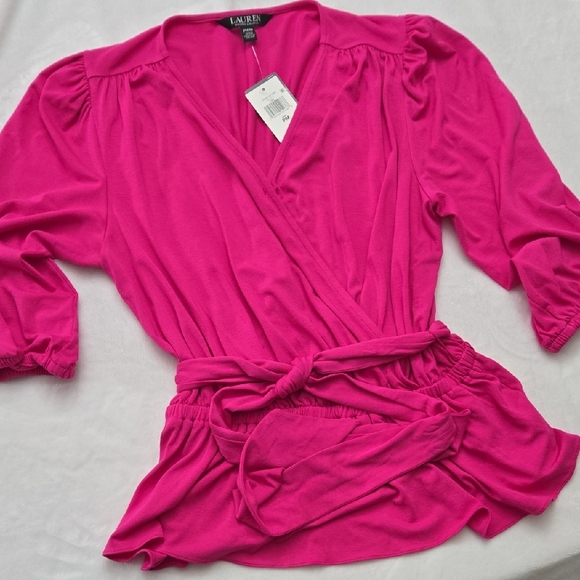 Lauren Ralph Lauren Hot Pink Faux Wrap Jersey Knit Peplum 3/4 Sleeve Top‎ - Picture 2 of 14